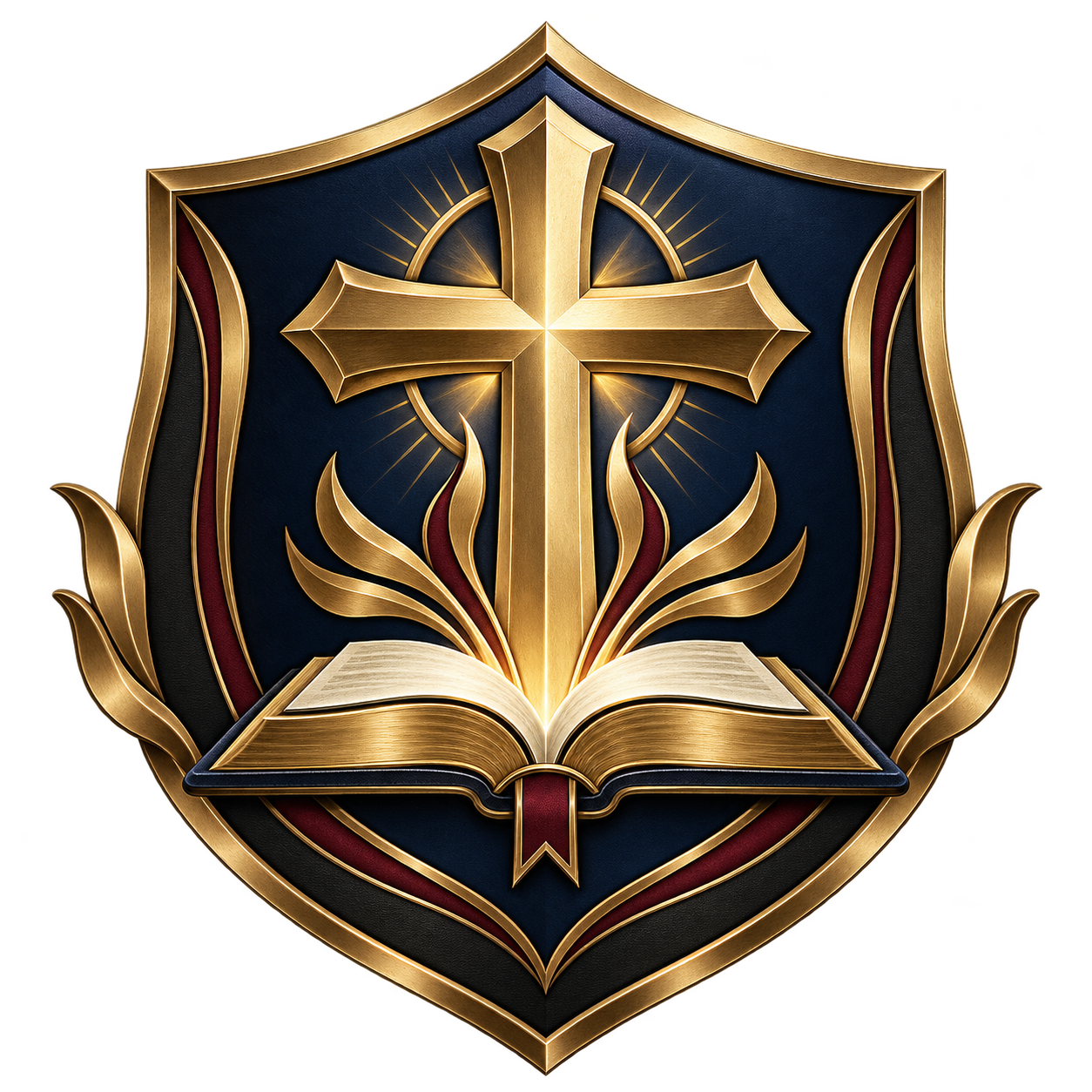 Gold cross and open Bible within a navy shield